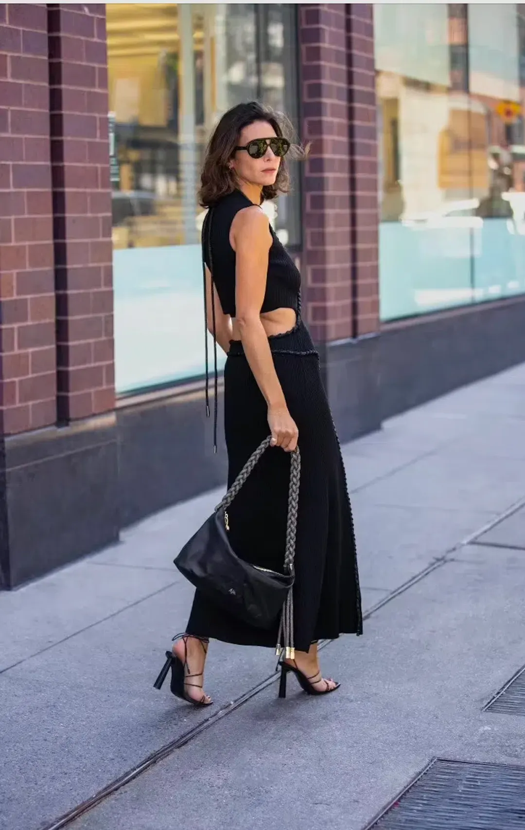 AJE ARP Cut Out Knit Midi Designer Dress Black with Crystal Rope Detail Size M for rent on The Volte - main image