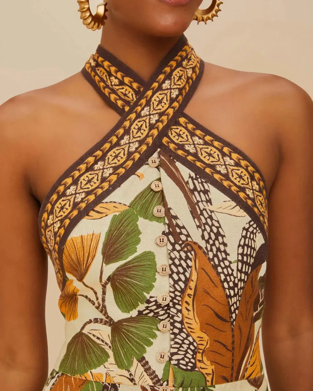 Farm Rio Halter Neck Mini Dress Foliage Sketch Sand in Size M for rent on The Volte - main image