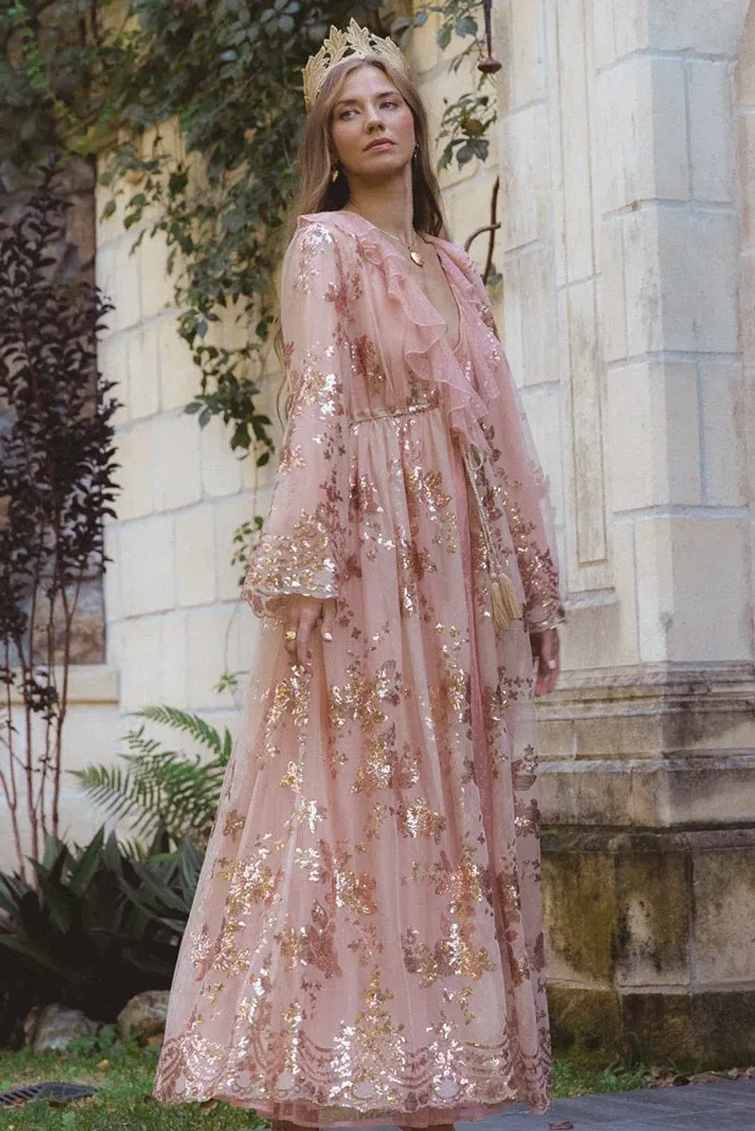 Coven & Co Maternity Melody Sequin Duster Gown Rose Gold Size 12 for rent on The Volte - main image