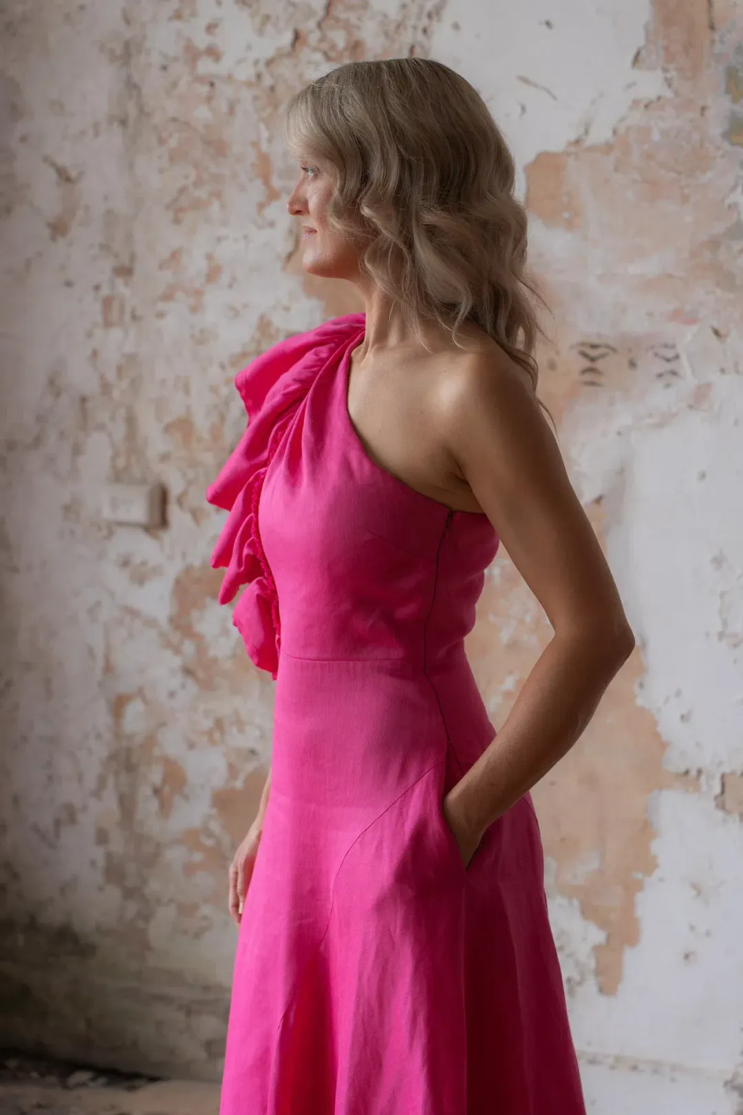Aje Bonjour Asymmetric Midi Dress in Fuchsia Size AU 8 for rent on The Volte - main image