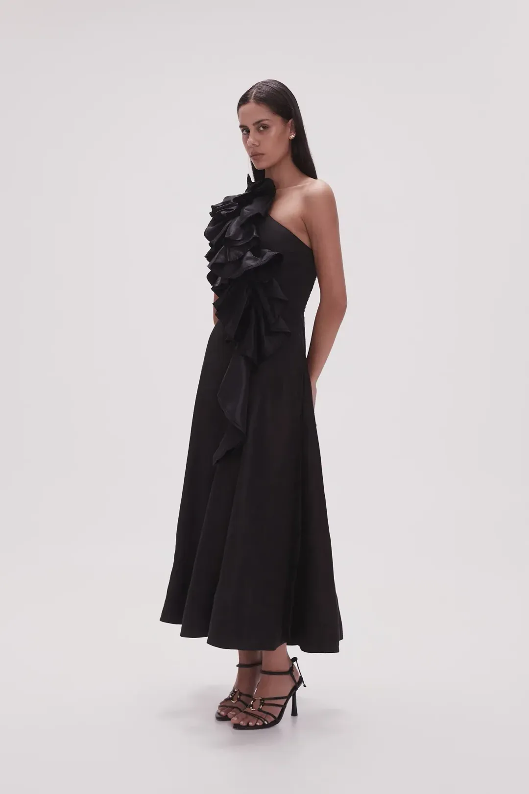Aje Adelia Ruffle Midi Dress Black Size 14 for rent on The Volte - main image