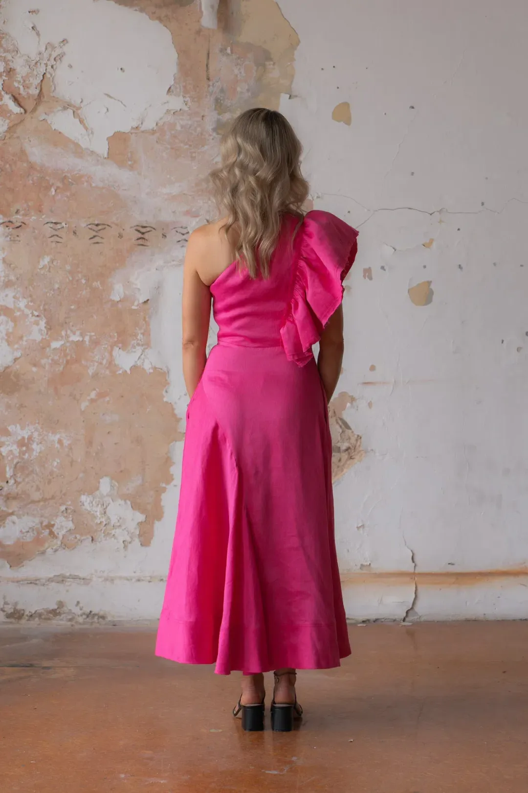 Aje / Bonjour Asymmetric Midi Dress / Fushsia / Size 12 for rent on The Volte - main image