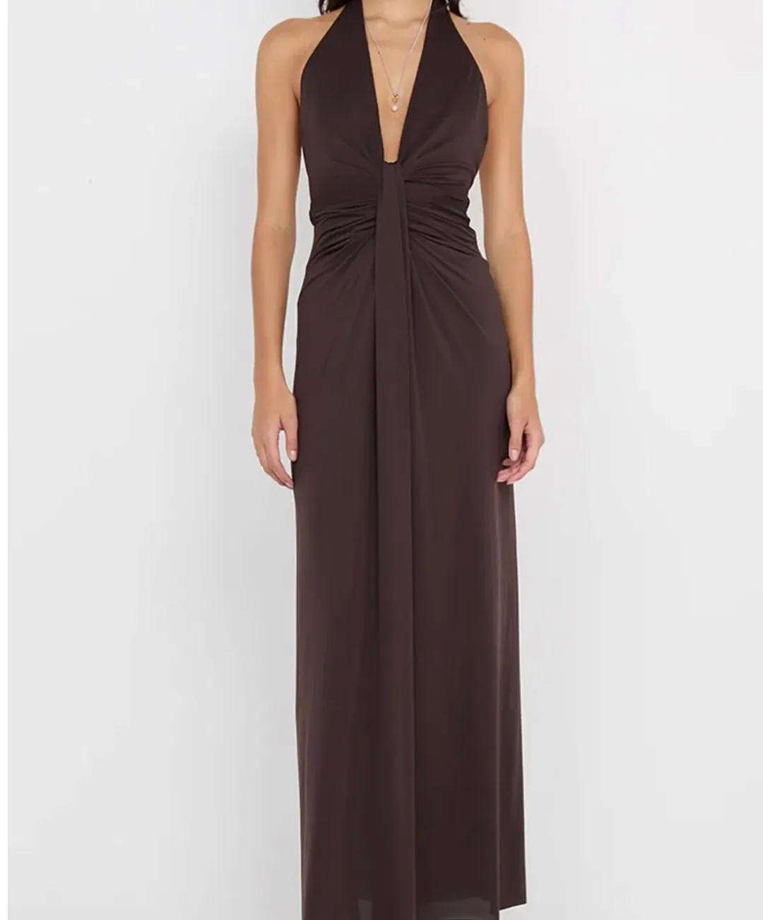 Bec & Bridge Tillie Drape Maxi Dress Dark Chocolate Size AU 8 for rent on The Volte - main image