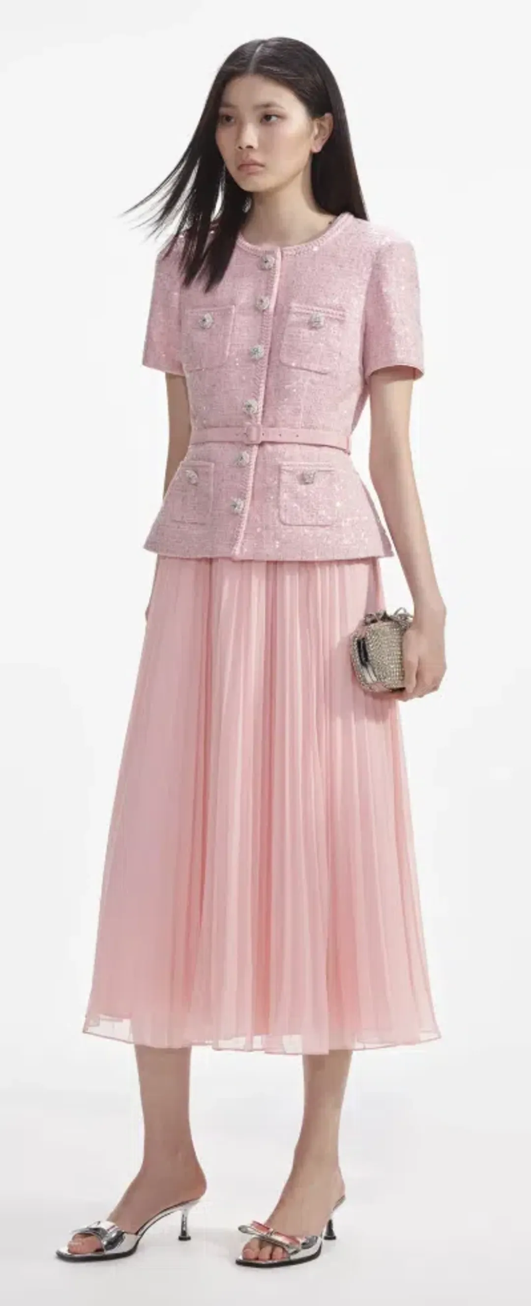 Self Portrait Pink Boucle Midi Dress Size 10 for rent on The Volte - main image