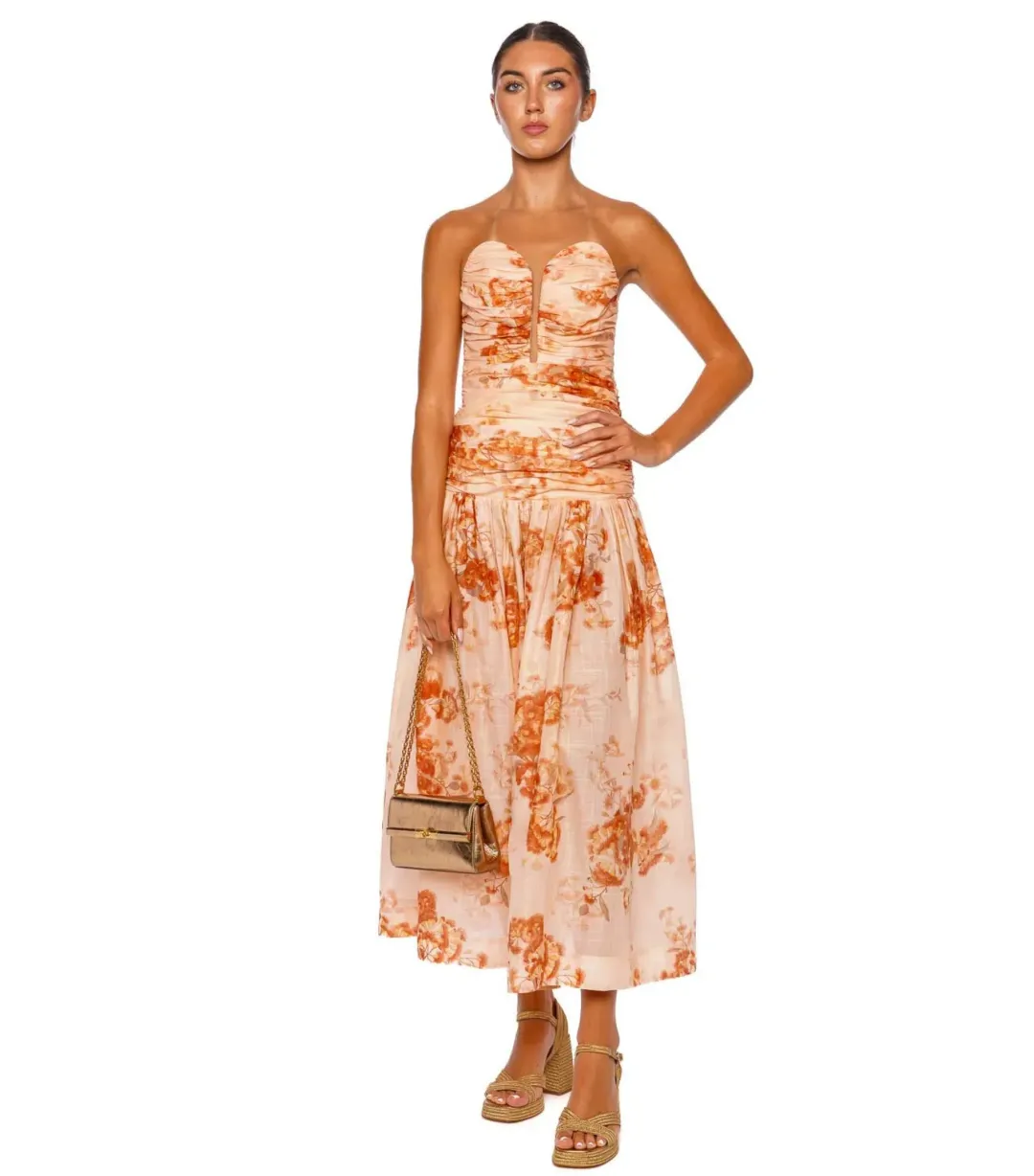Zimmermann Cascadian Strapless Midi Dress Red Botanical Floral Size 1 / AU 10 for rent on The Volte - main image