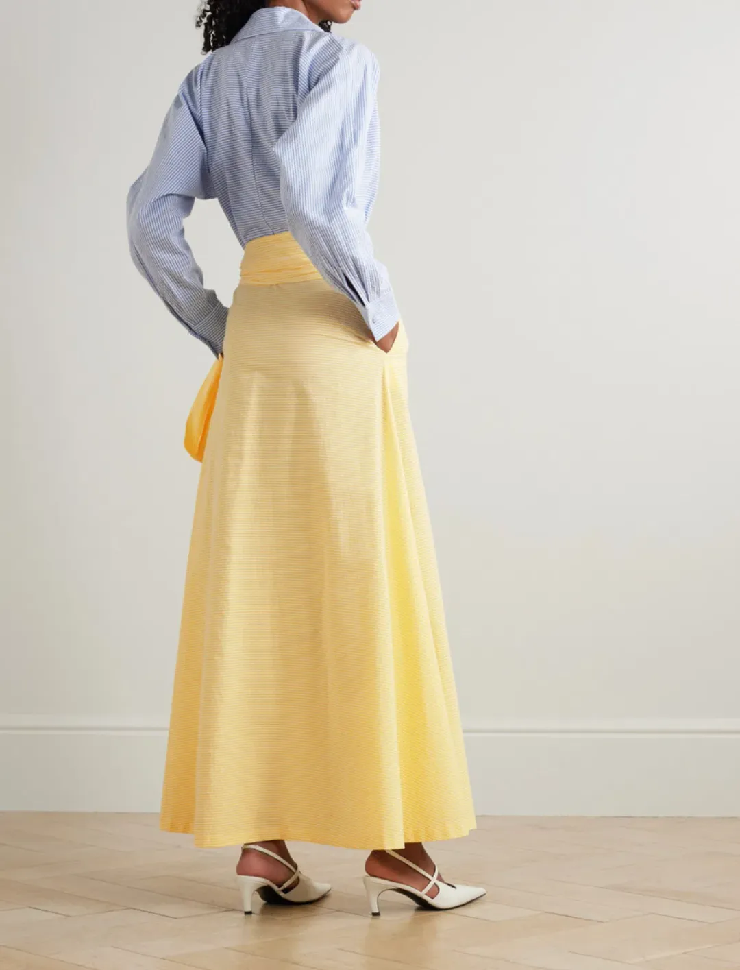 Bernadette Clarence Striped Seersucker Maxi Dress in Blue/White Striped and Yellow Size AU 12-14 for rent on The Volte - main image