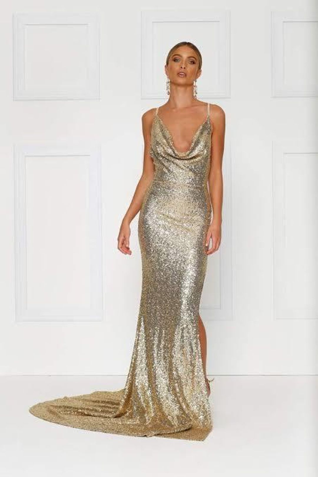 Alamour the Label Andriana Sequins Gown Gold Size 8 for rent on The Volte - main image