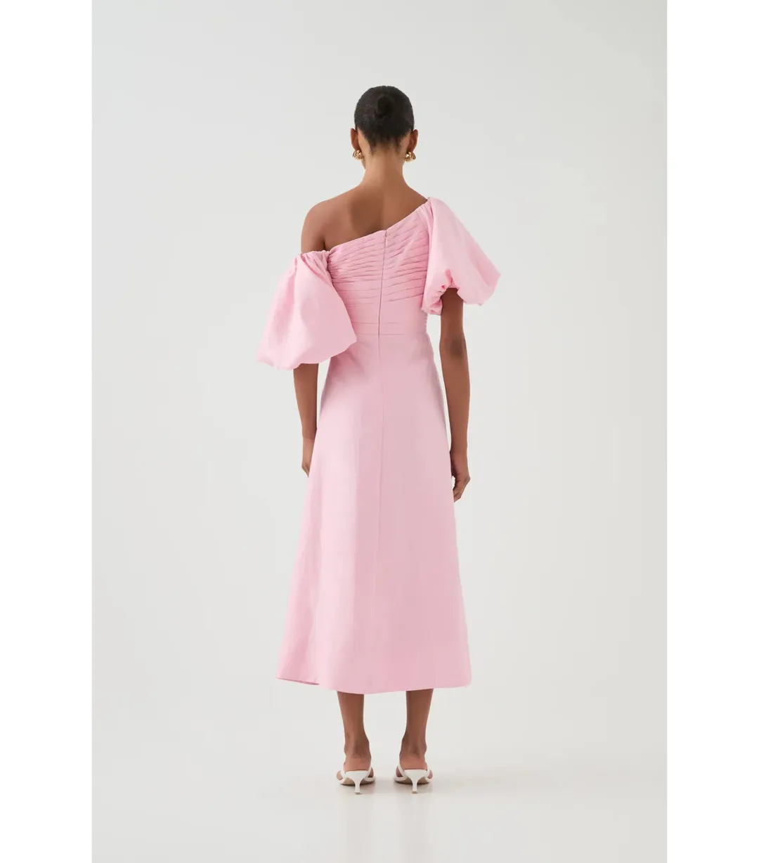 Aje Cadence Ruched Midi Dress Ballerina Pink Size AU 8 for rent on The Volte - main image