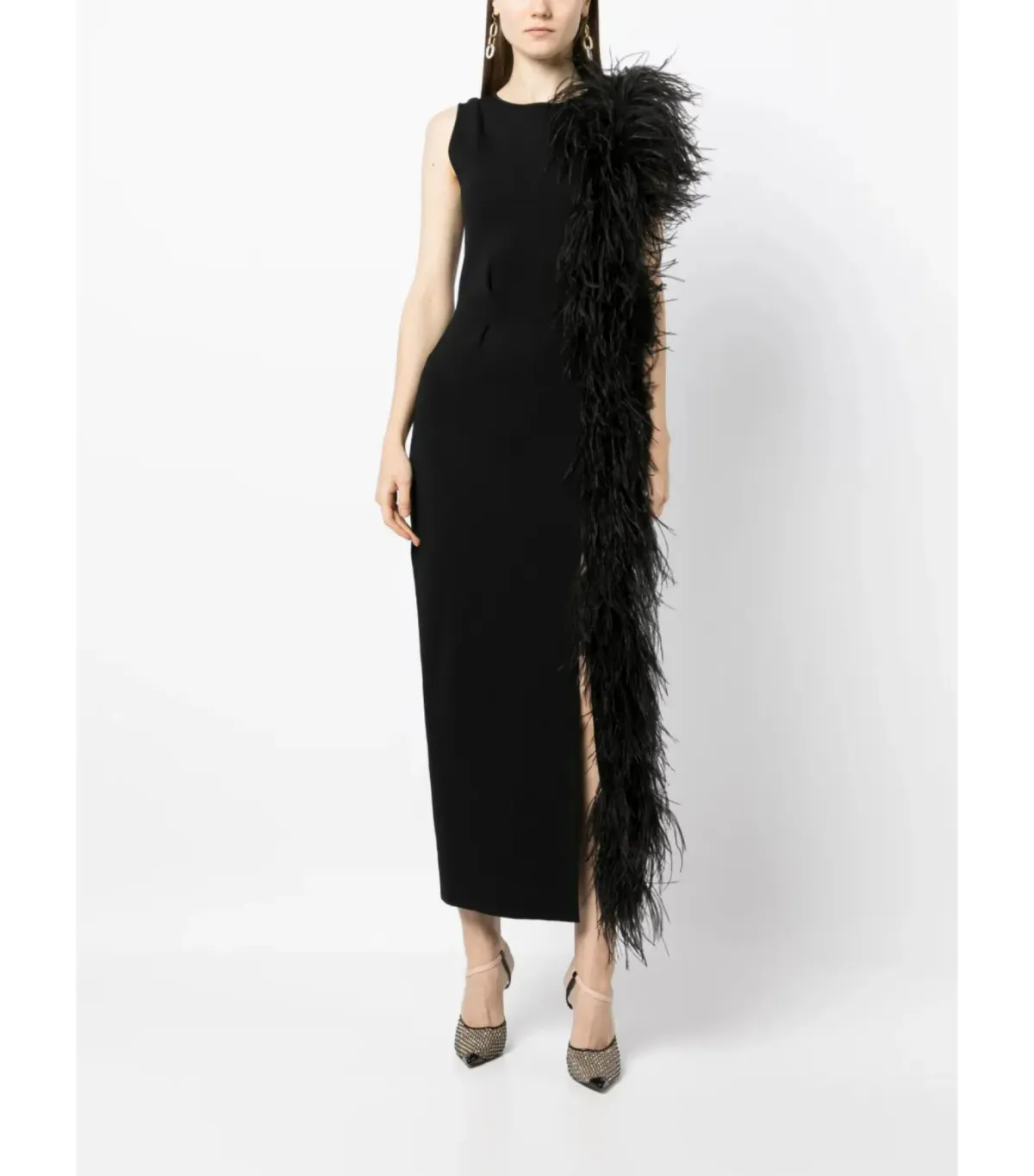 Rachel Gilbert Elcie Feather-Tri Midi Dress Black Size XS / AU 6 - Image 1