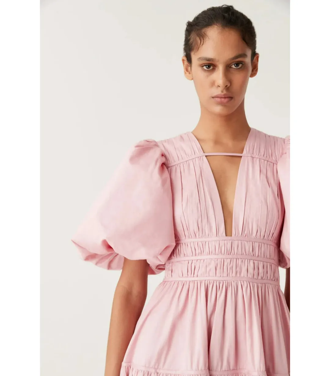 Aje Fallingwater Gathered Midi Dress Chalk Pink Size AU 6 for rent on The Volte - main image