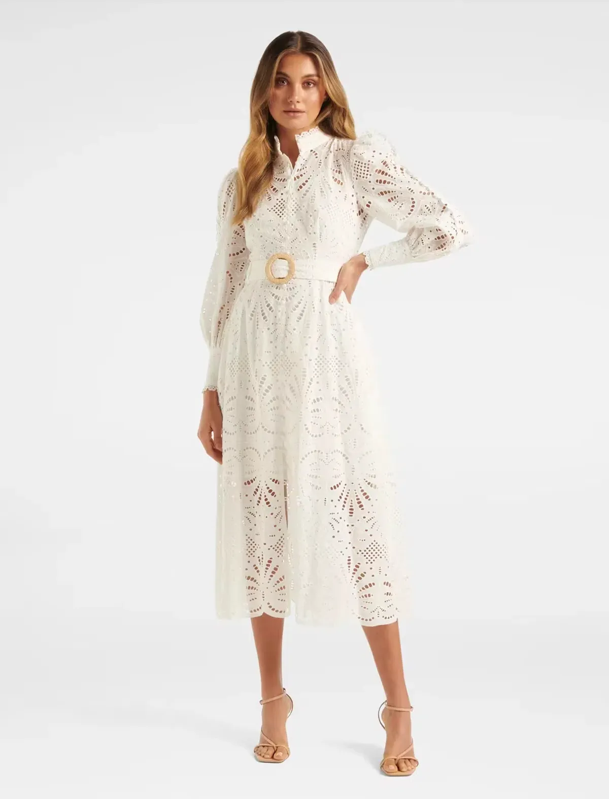 Forever New Fifi Broderie Midi Shirt Dress White Size S / AU 8 - Image 1
