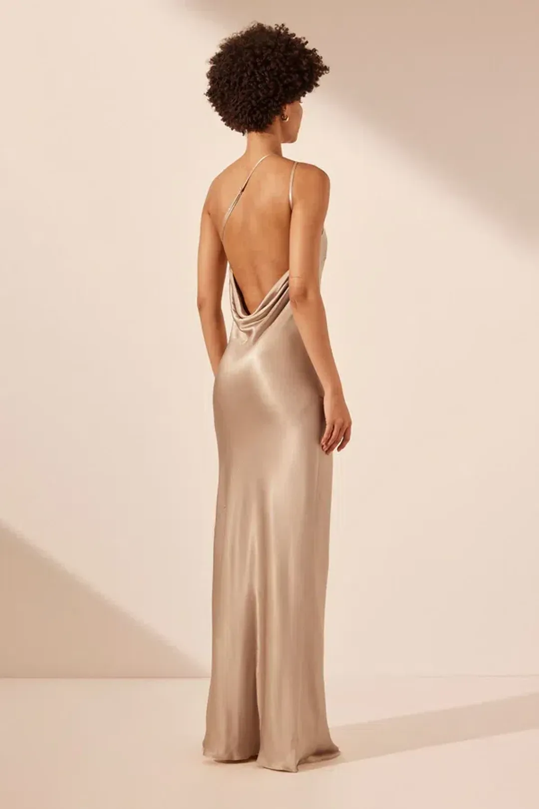 Shona Joy La Lune One Shoulder Cowl Back Maxi Dress  Gold Size 8 for rent on The Volte - main image