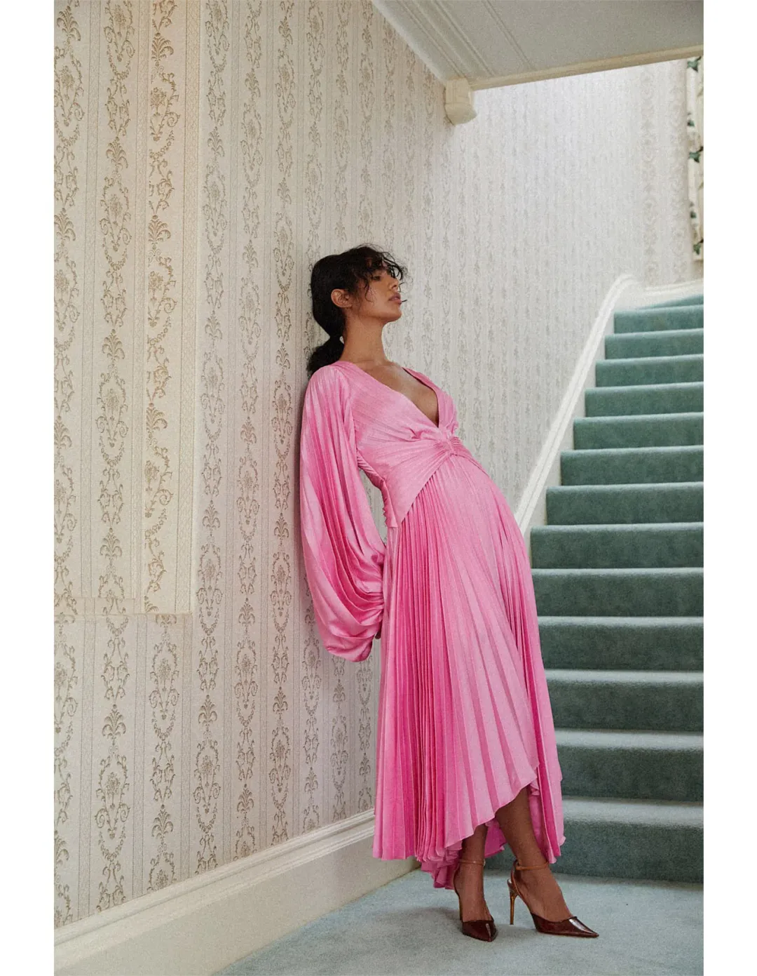 Acler Palms Pink Confetti Long Sleeve Midi Dress Pink  Size 6 for rent on The Volte - main image