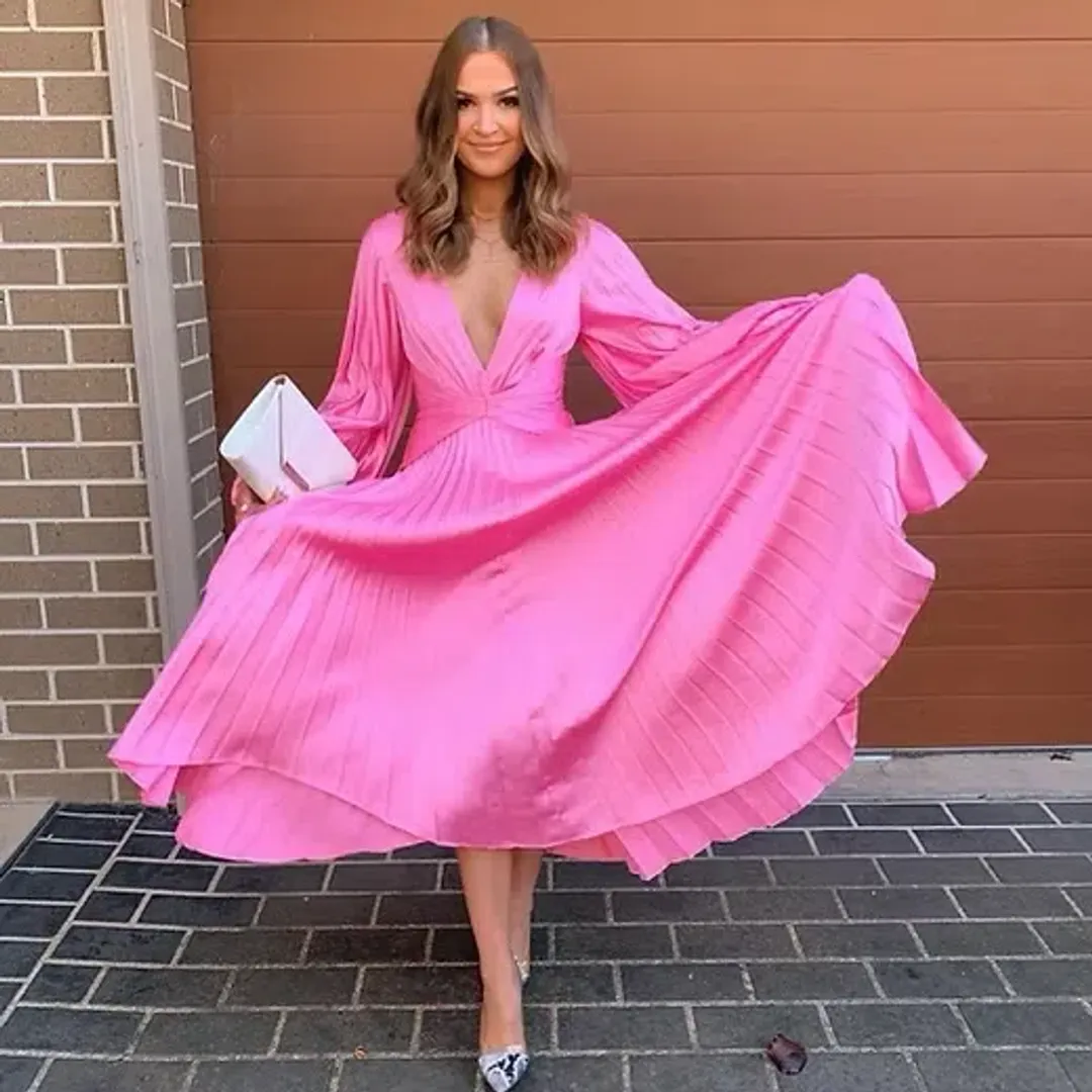 Acler Palms Pink Confetti Long Sleeve Midi Dress Pink  Size 6 for rent on The Volte - main image