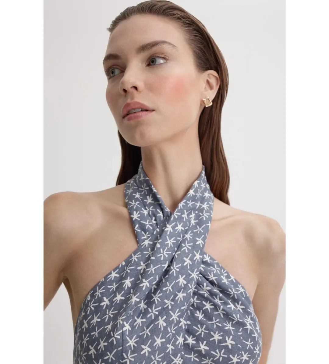 Scanlan Theodore Linen Printed Halter Midi Dress Blue White Size AU 6 for rent on The Volte - main image