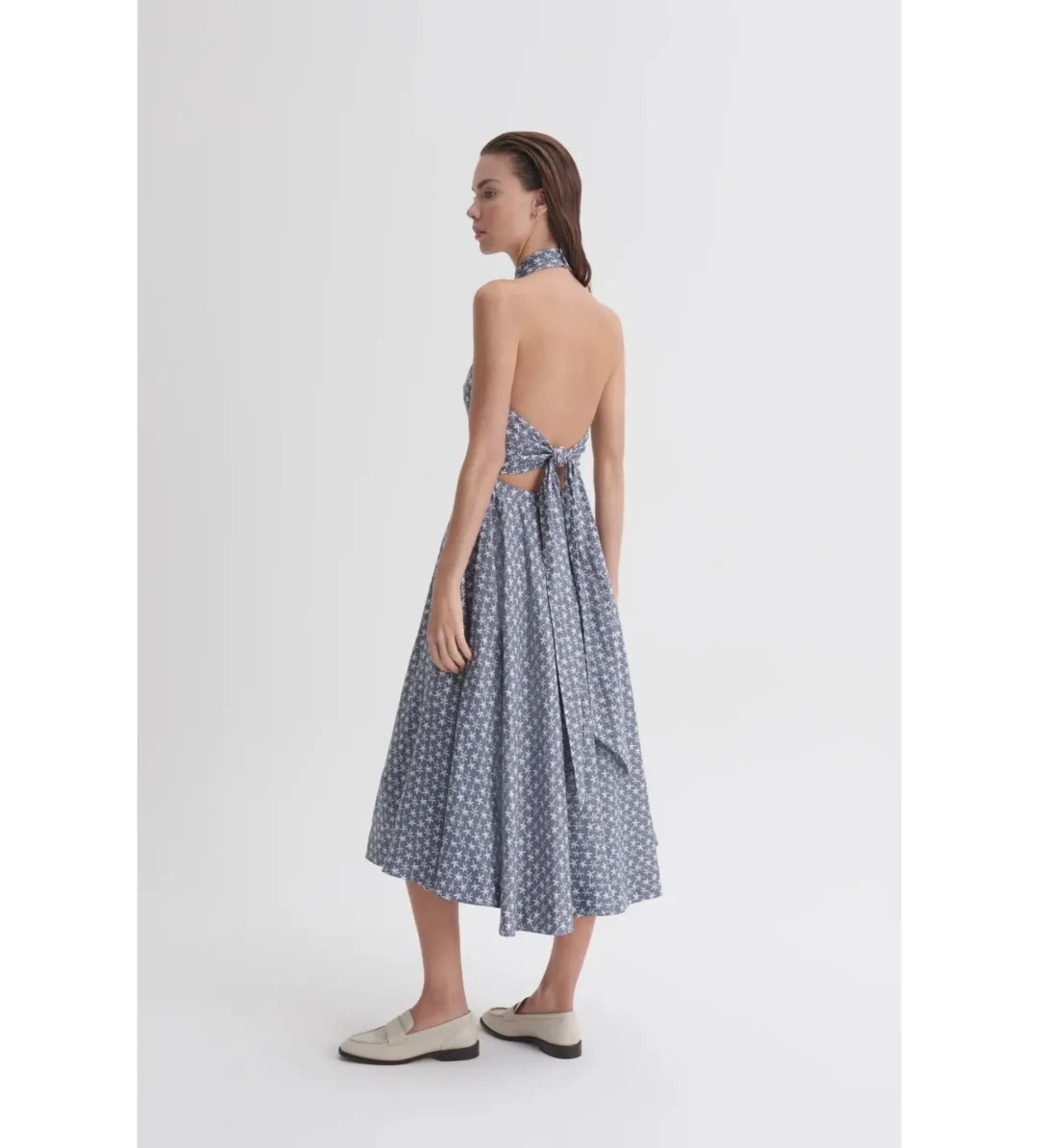 Scanlan Theodore Linen Printed Halter Midi Dress Blue White Size AU 6 for rent on The Volte - main image