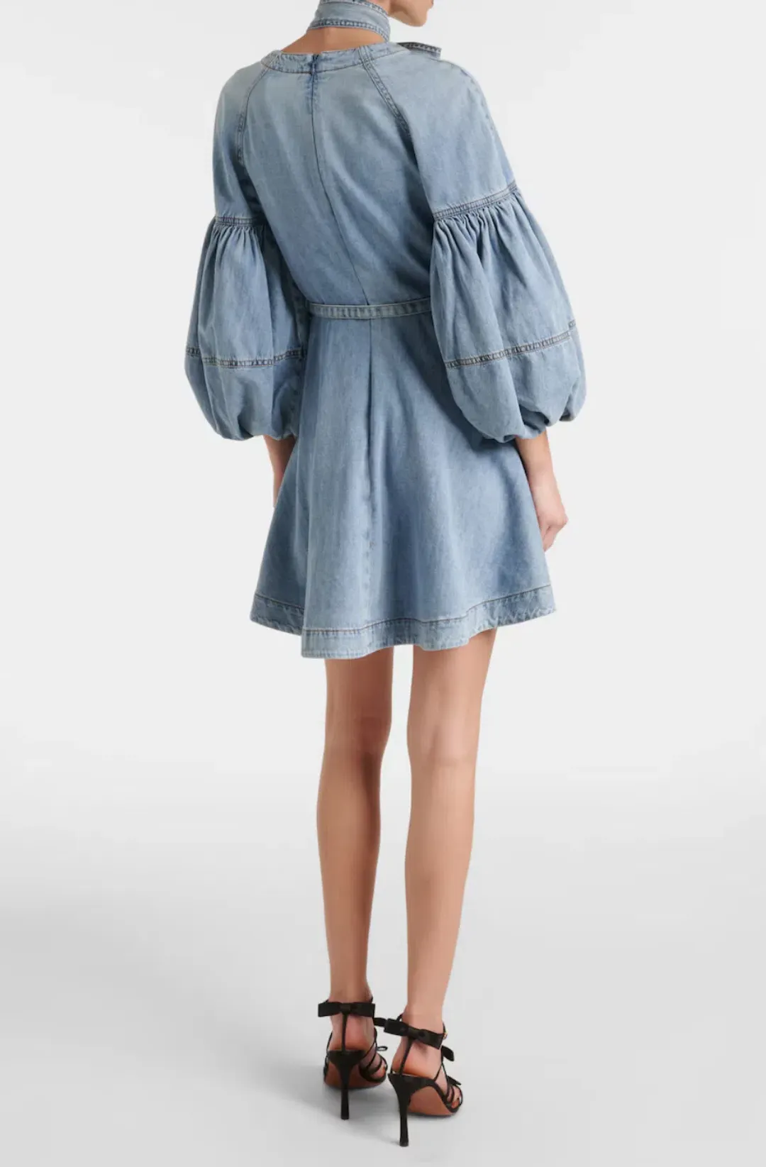 Zimmermann Tie-neck puff-sleeve denim minidress size 1 for rent on The Volte - main image