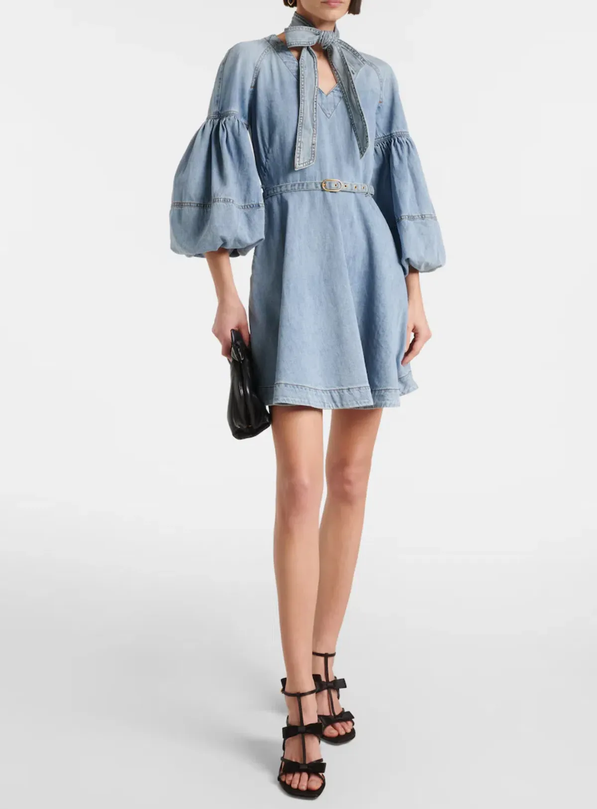 Zimmermann Tie-neck puff-sleeve denim minidress size 1 - Image 1