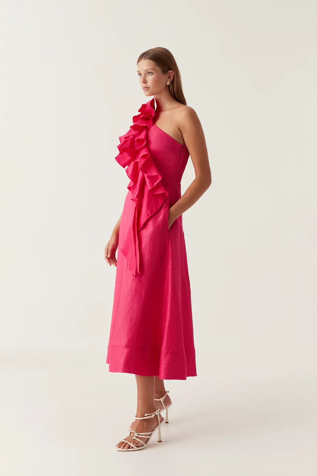 New! Aje Adelia Ruffle Midi Dress in Bougainvillea Red Size AU 6 - Image 2