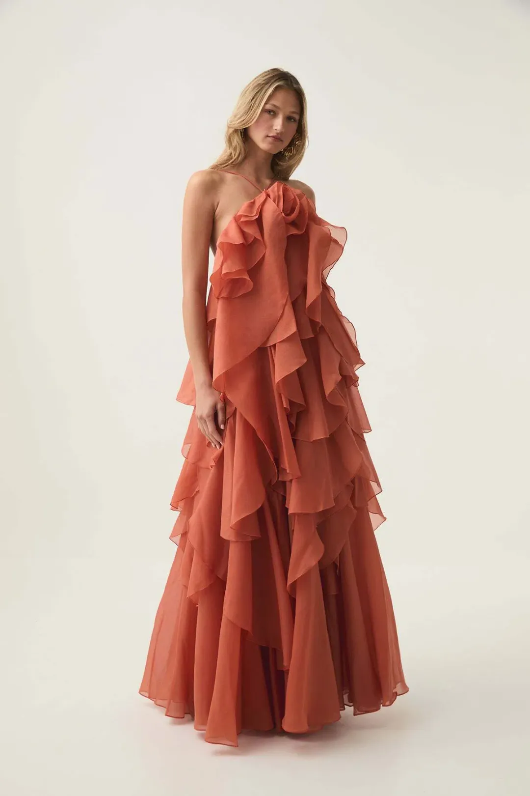 Aje Pandorea Layered Maxi Dress in Coral Clay Size AU 12 for rent on The Volte - main image
