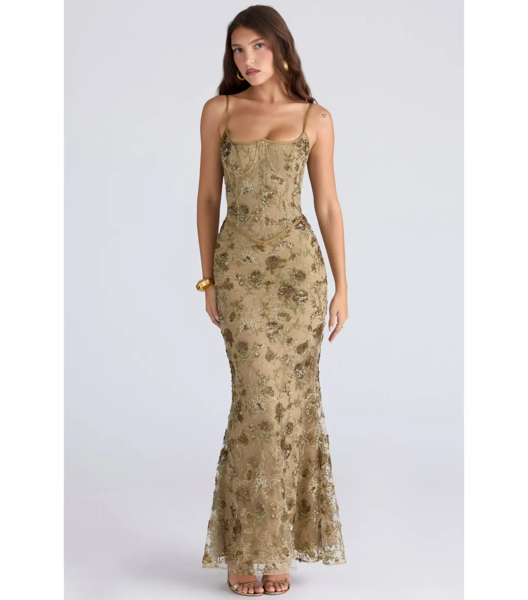 House Of CB Naima Hand Beaded Embellished Corset Maxi Dress Olive Bronze Size AU 8 for rent on The Volte - main image