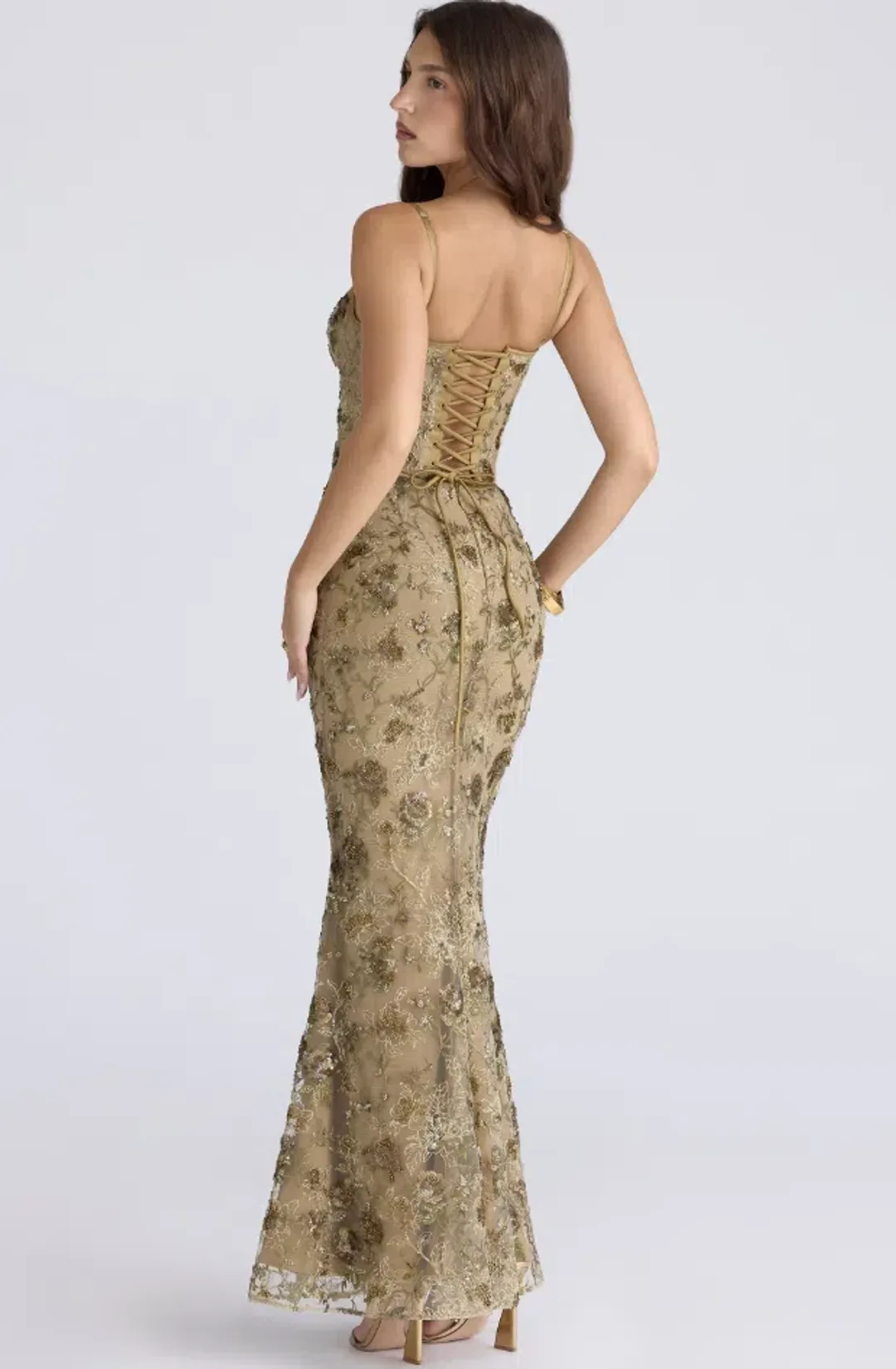 House of CB Naima Olive Bronze Hand Beaded Embellished Corset Maxi Dress Size M/Au 10  for rent on The Volte - main image