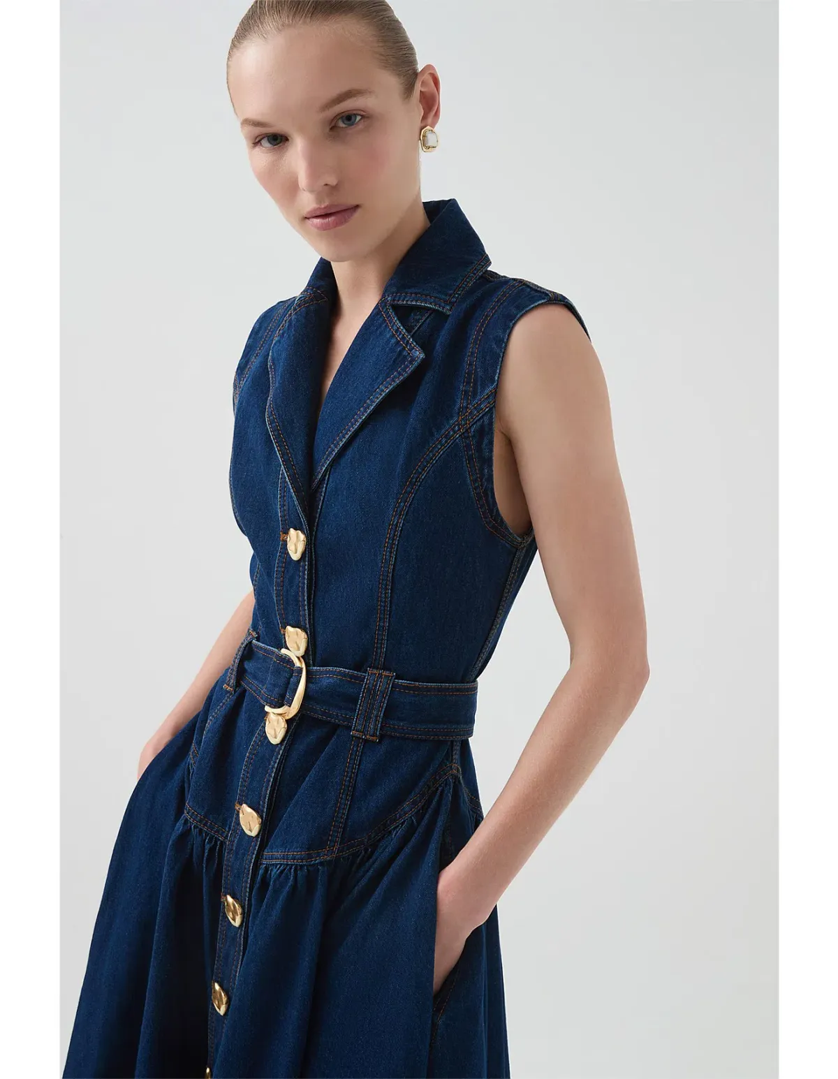 Aje Elena Belted Denim Midi Dress Dark Classic Wash Size AU 6 - Image 3