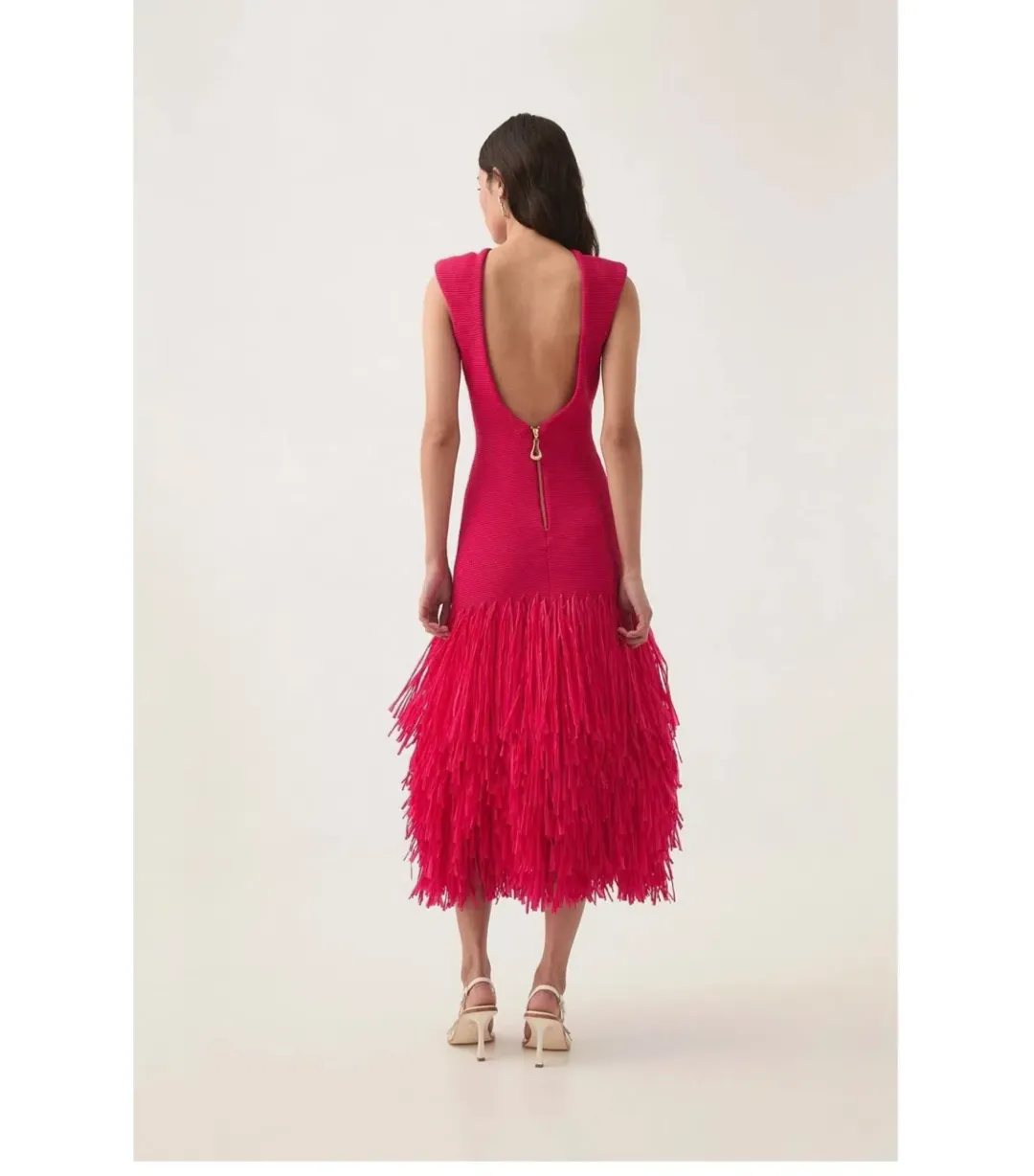 Aje Rushes Raffia Knit Midi Dress Deep Fuschia Size AU 8  for rent on The Volte - main image