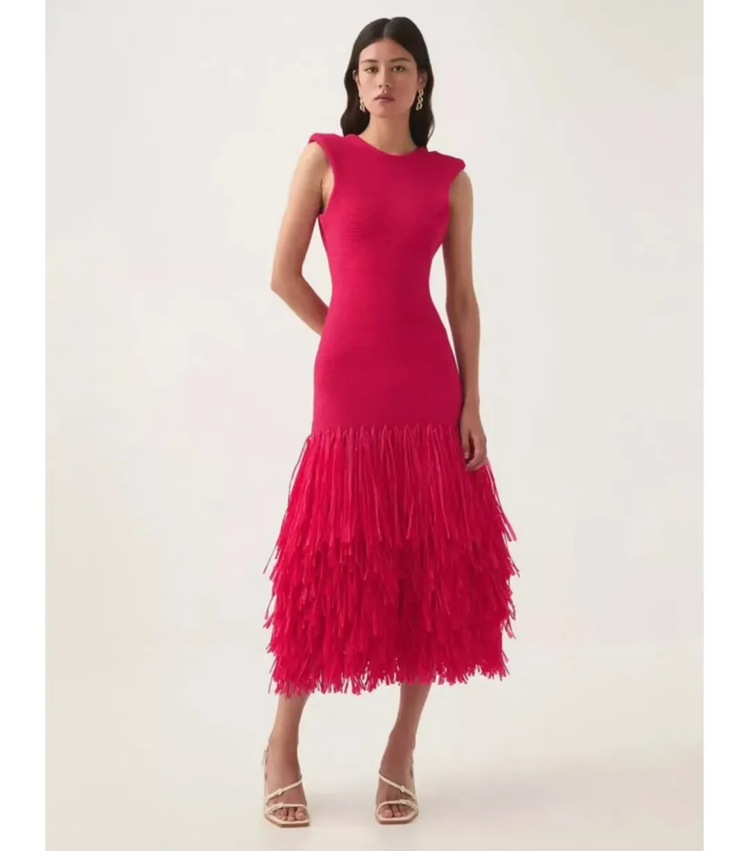 Aje Rushes Raffia Knit Midi Dress Deep Fuschia Size AU 8  for rent on The Volte - main image