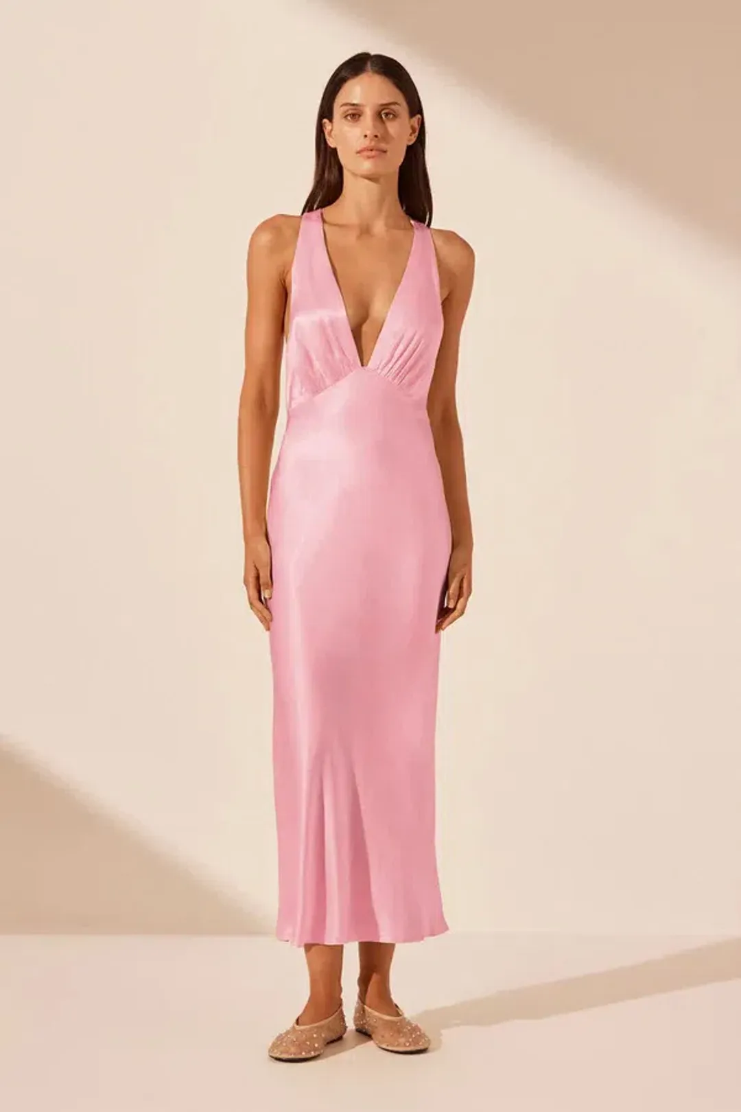 La Lune Plunged Cross Back Midi Dress Pink Size 10 for rent on The Volte - main image