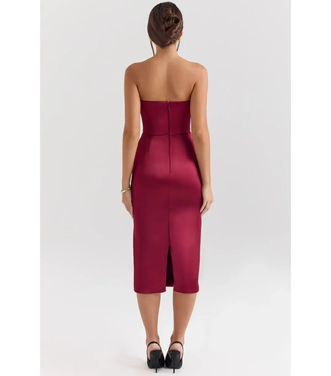 House Of CB Santana Satin Strapless Midi Dress Berry Size M / AU 10 for rent on The Volte - main image