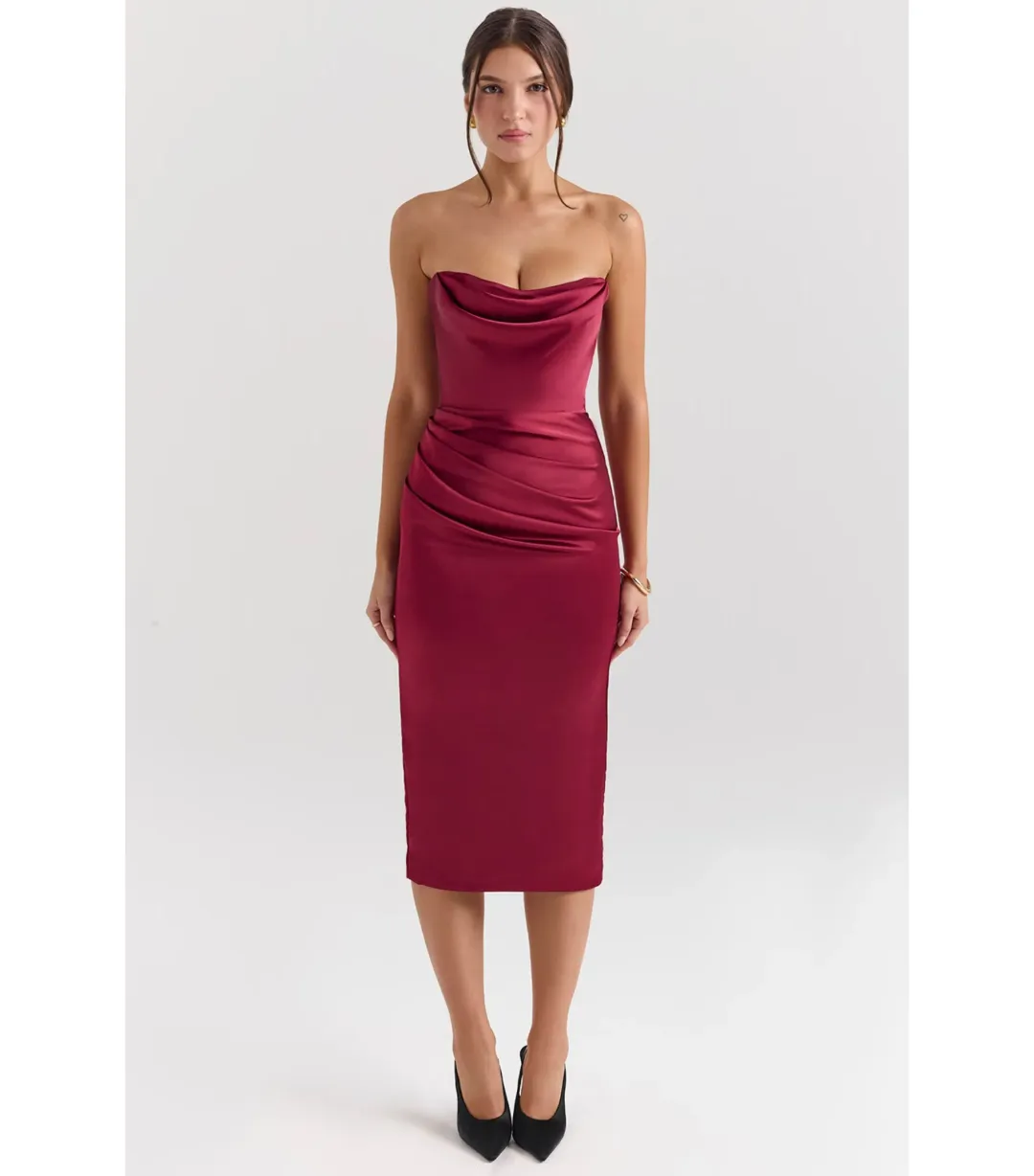 House Of CB Santana Satin Strapless Midi Dress Berry Size M / AU 10 for rent on The Volte - main image