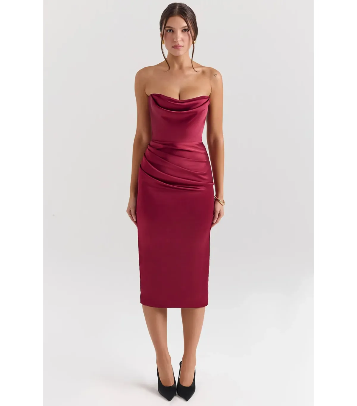 House Of CB Santana Satin Strapless Midi Dress Berry Size M / AU 10 - Image 1
