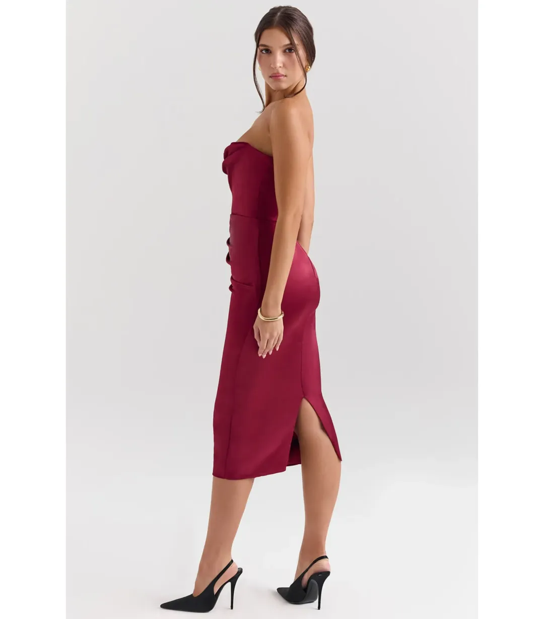 House Of CB Santana Satin Strapless Midi Dress Berry Size M / AU 10 for rent on The Volte - main image