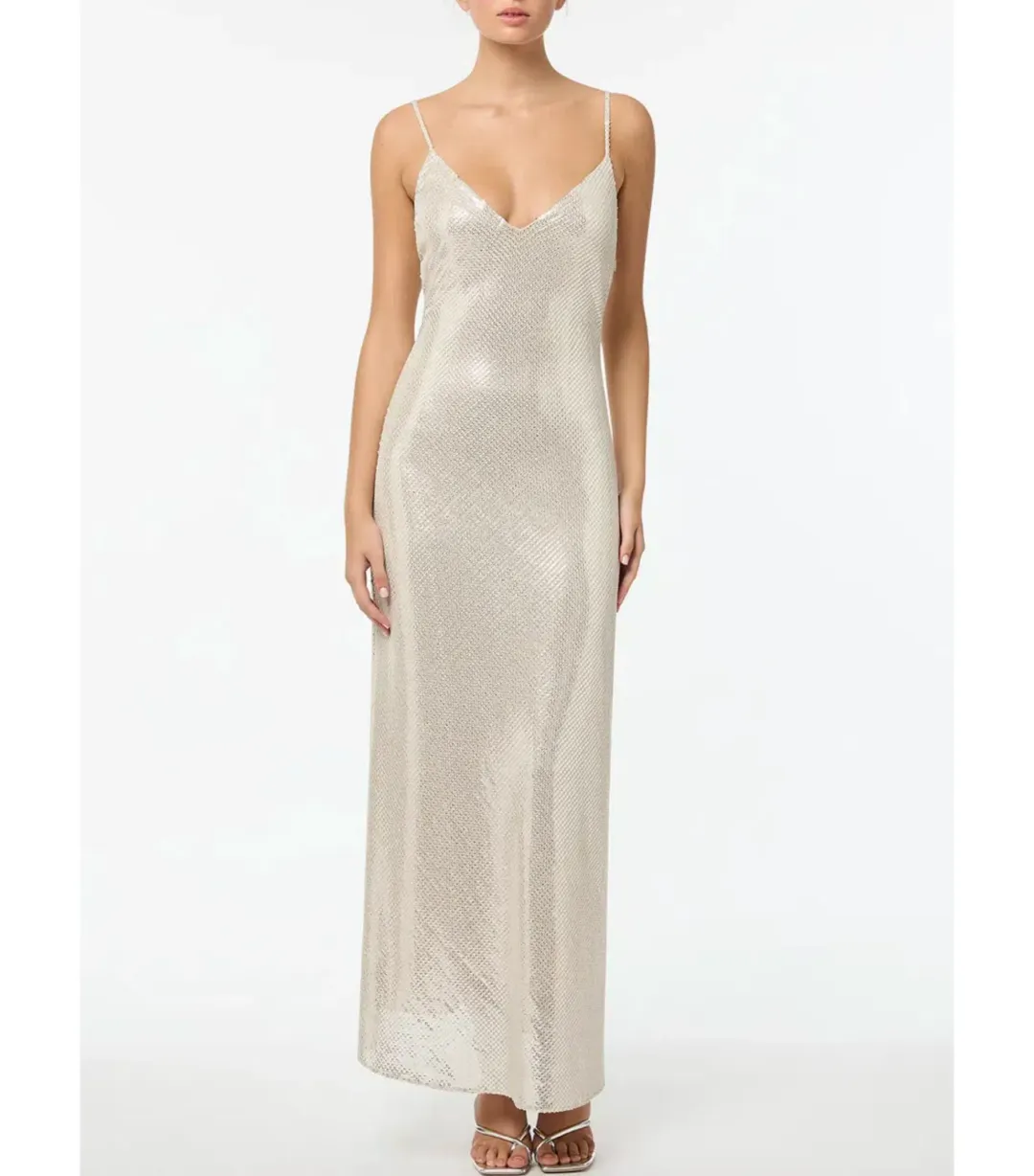 Manning Cartell High Voltage Slip Maxi Dress Nude Silver Sequin Size AU 6  for rent on The Volte - main image
