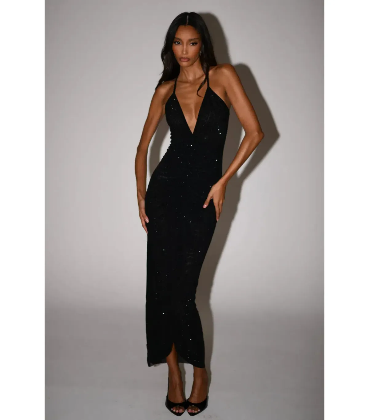 Meshki Emeraude Diamanté Ruched Midi Dress Black Size S / AU 8 - Image 1