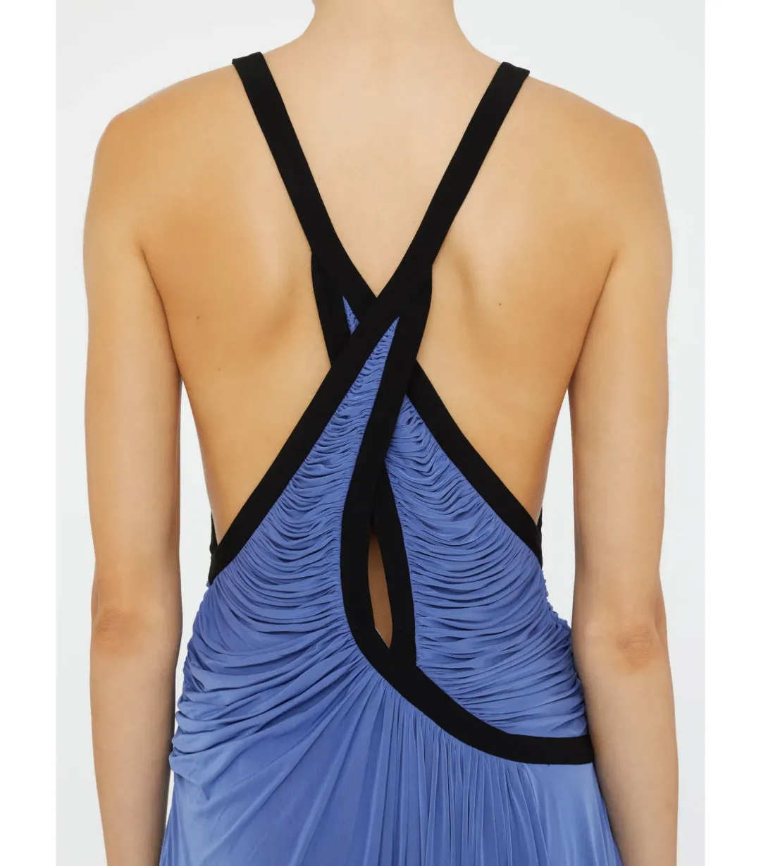 Christopher Esber Suspended Jersey Fluted Mini Dress in Blue Iris Black Size AU 8 for rent on The Volte - main image
