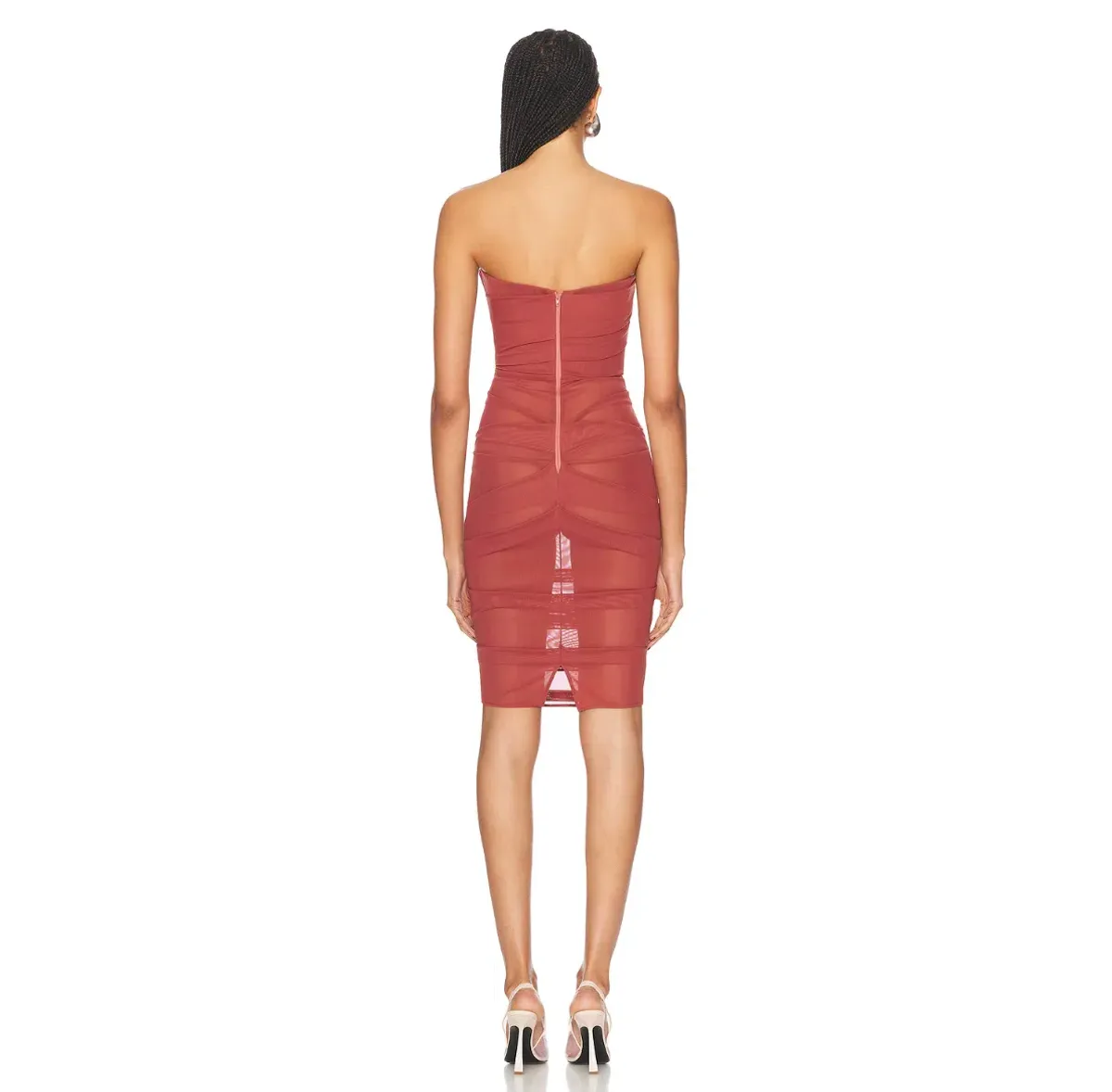 ALEX PERRY Power Mesh Midi Dress in Cognac Red AU 6 - Image 4