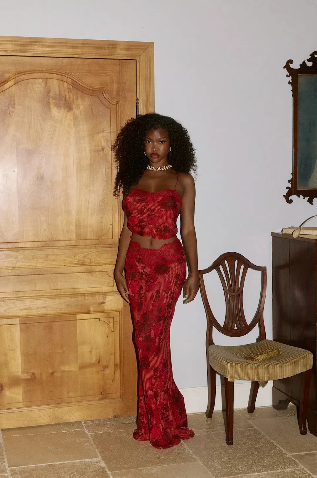 BYDEE FLEURIE MAXI SKIRT & AURELIE TOP IN ROSÉ. SIZE XS / AU 6-8 for rent on The Volte - main image