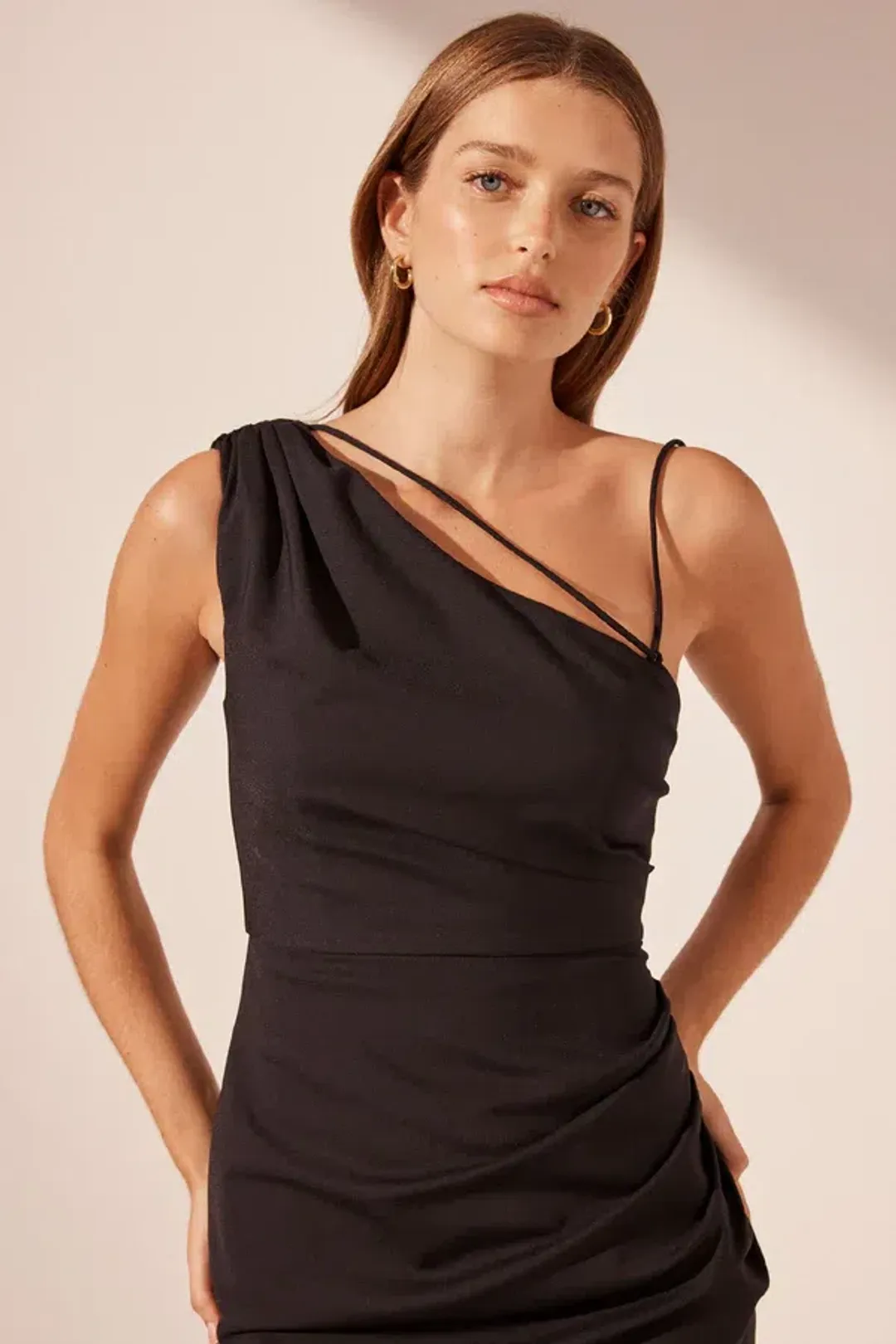 Shona Joy Lani Asymmetrical Gathered Maxi Dress Black Size 10 for rent on The Volte - main image