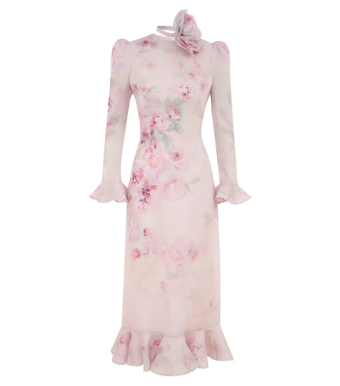Zimmermann Crush Flower Midi Dress in Pink Floral Size 1 / AU 10 for rent on The Volte - main image