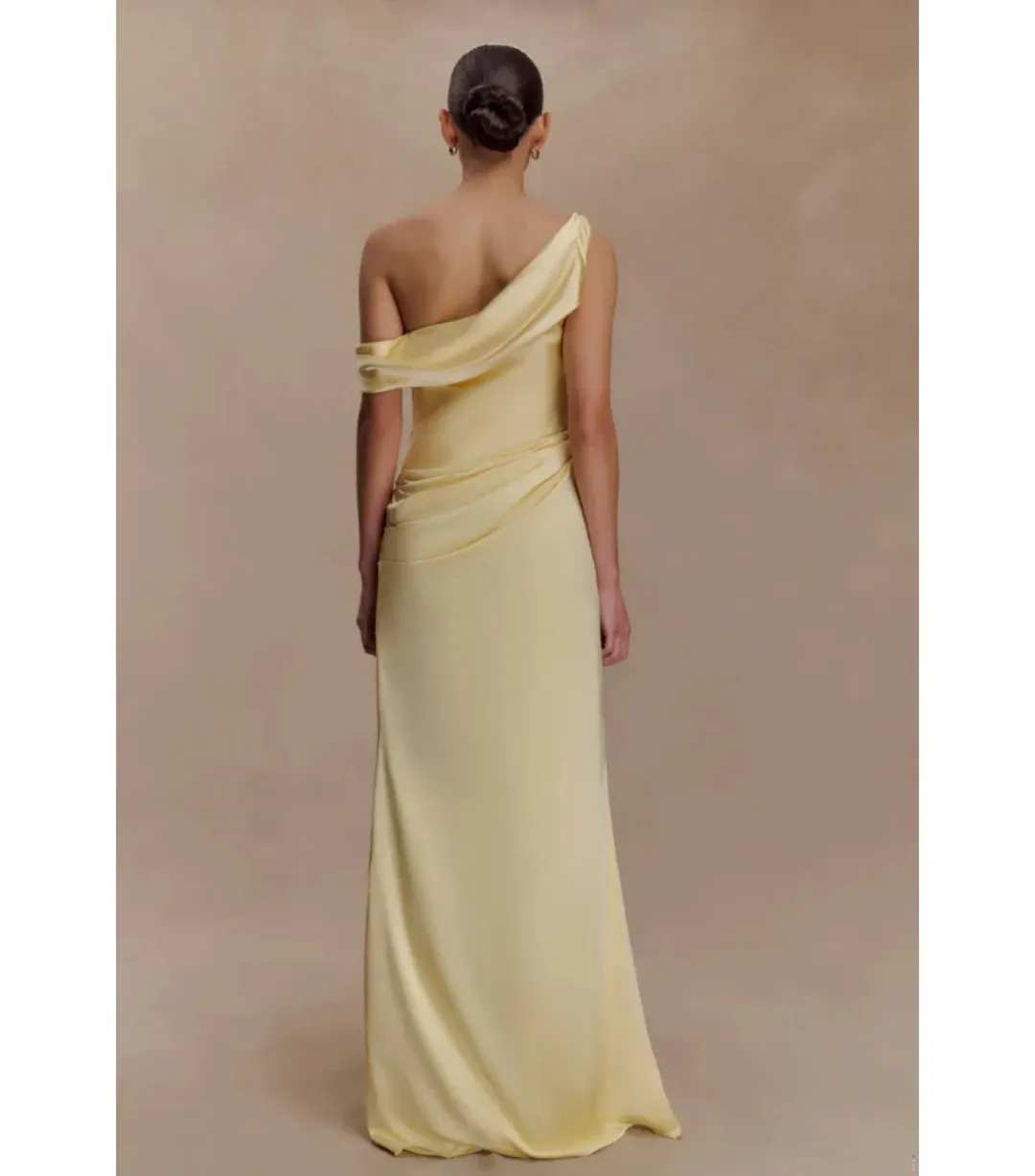 Meshki Dalia Off Shoulder Maxi Satin Dress Lemon Size 10 for rent on The Volte - main image