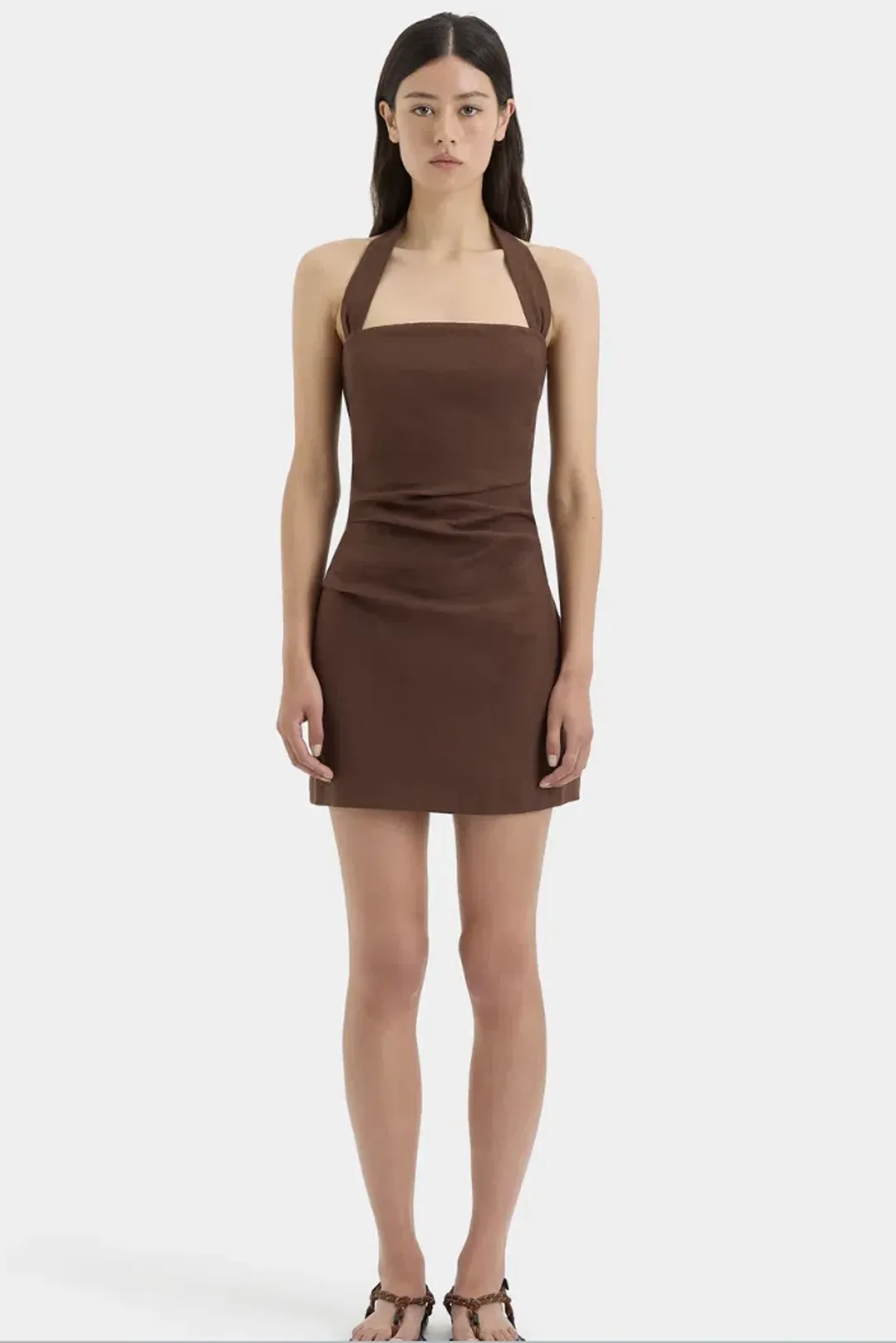 Sir the Label Noemi Halter Mini Dress in Chocolate in size 3/12AU for rent on The Volte - main image