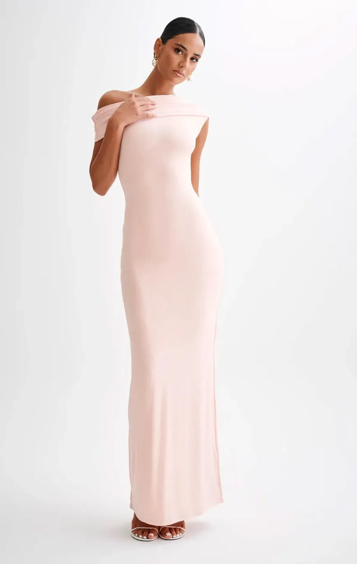 Meshki Cassandra Off Shoulder Slinky Maxi Dress Pale Pink Size XS - Image 1