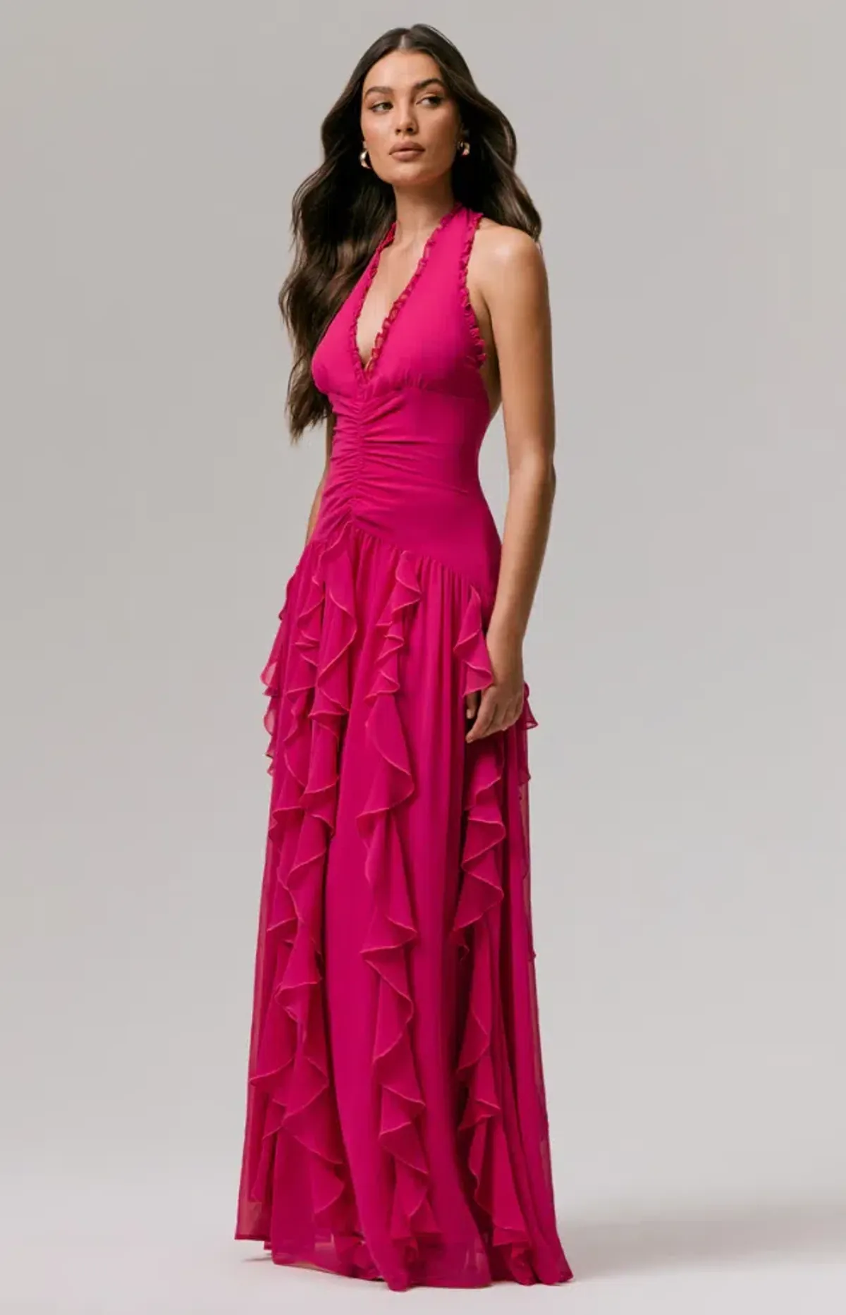 Bea Plunge Neck Ruffled Maxi Dress Hot Pink Size AU 6 - Image 2