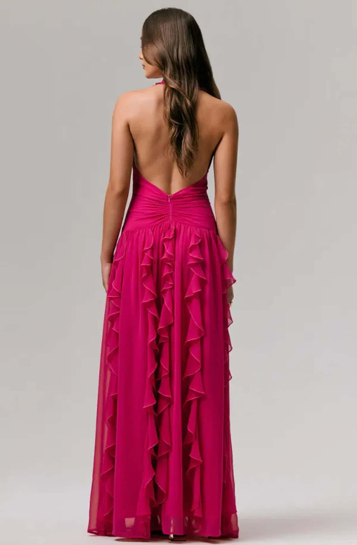 Bea Plunge Neck Ruffled Maxi Dress Hot Pink Size AU 6 - Image 3
