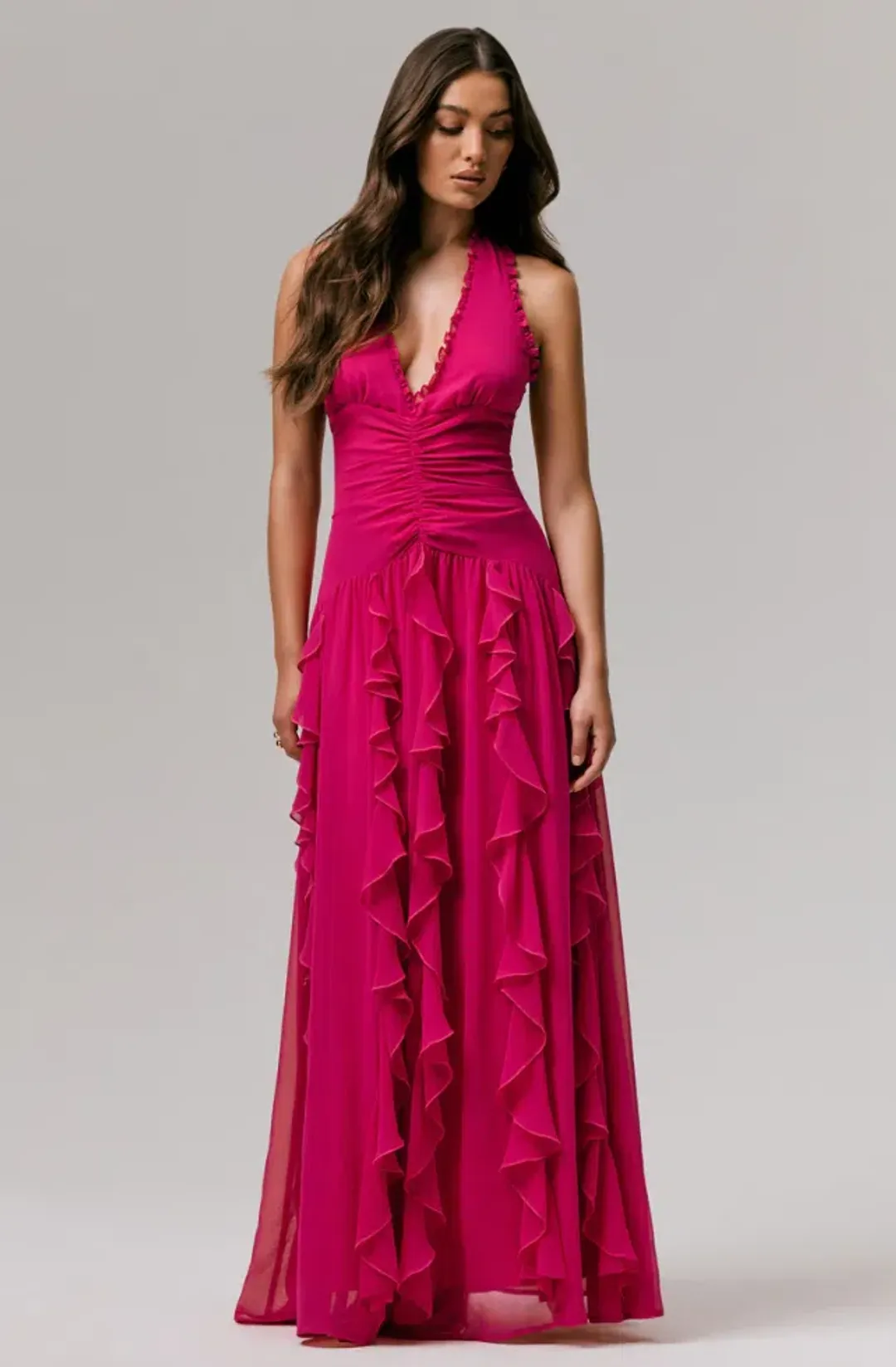 Bea Plunge Neck Ruffled Maxi Dress Hot Pink Size AU 6 for rent on The Volte - main image