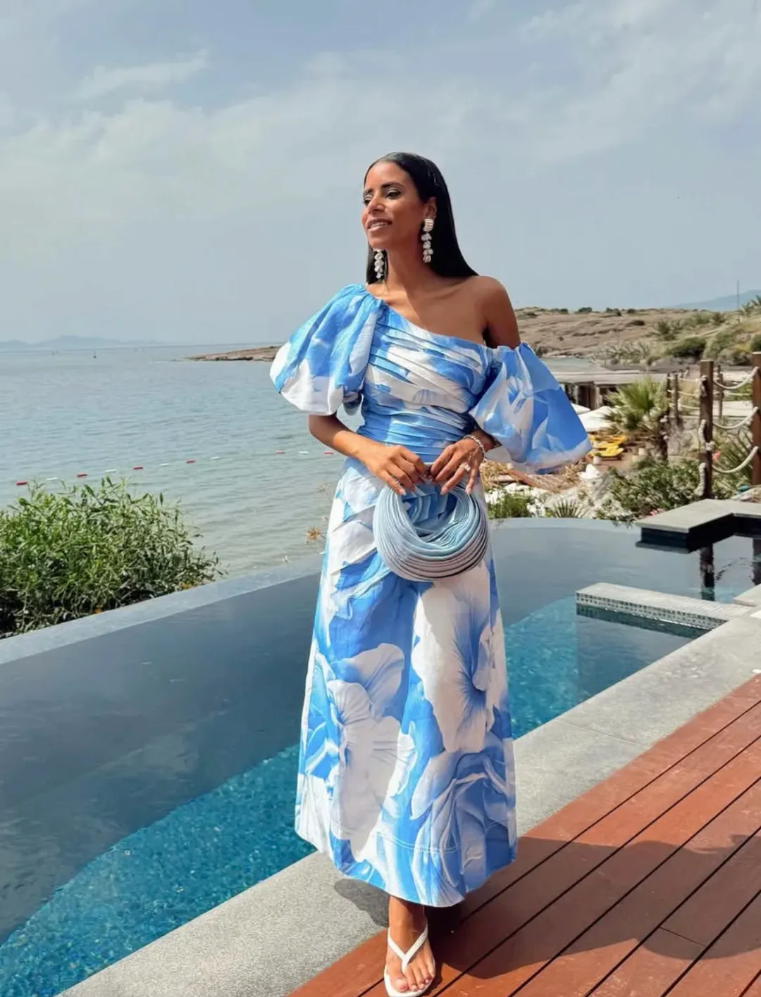 AJE CADENCE RUCHED MIDI DRESS in FLORAL BLUE SIZE 12 for rent on The Volte - main image