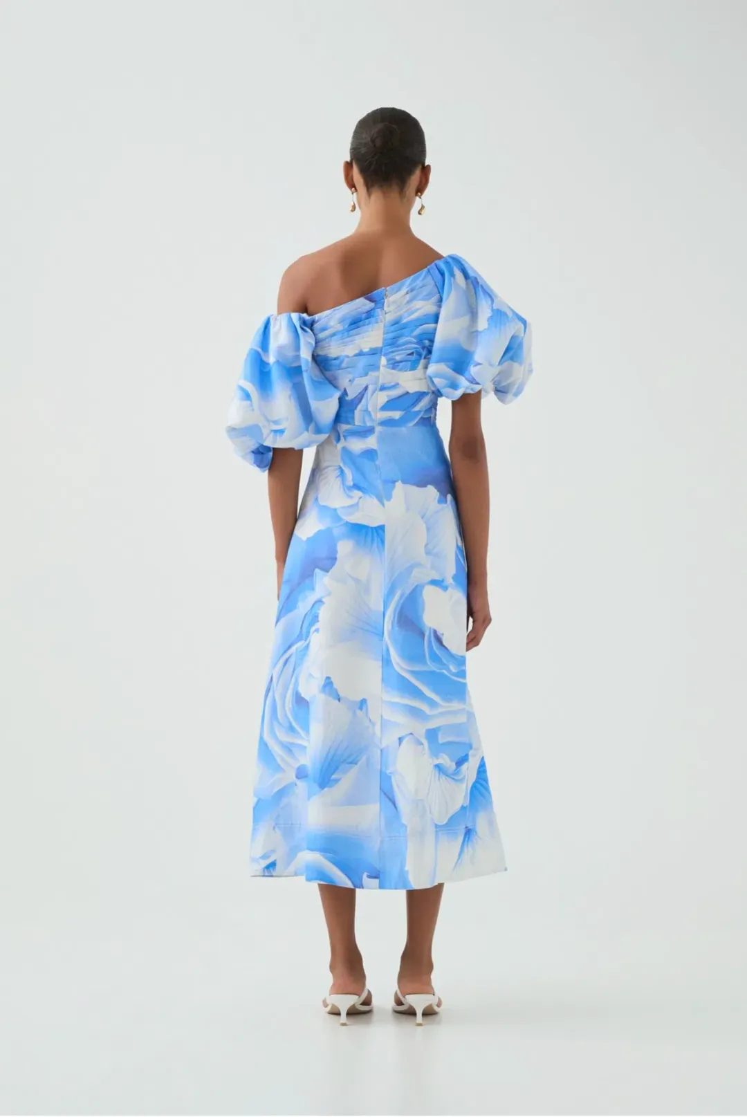 AJE CADENCE RUCHED MIDI DRESS in FLORAL BLUE SIZE 12 for rent on The Volte - main image