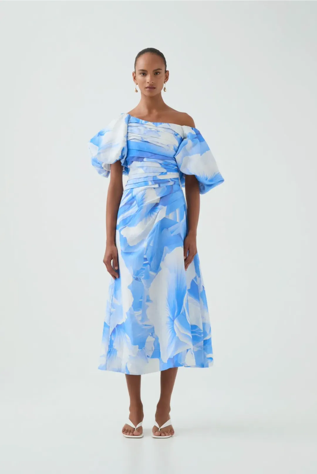 AJE CADENCE RUCHED MIDI DRESS in FLORAL BLUE SIZE 12 for rent on The Volte - main image
